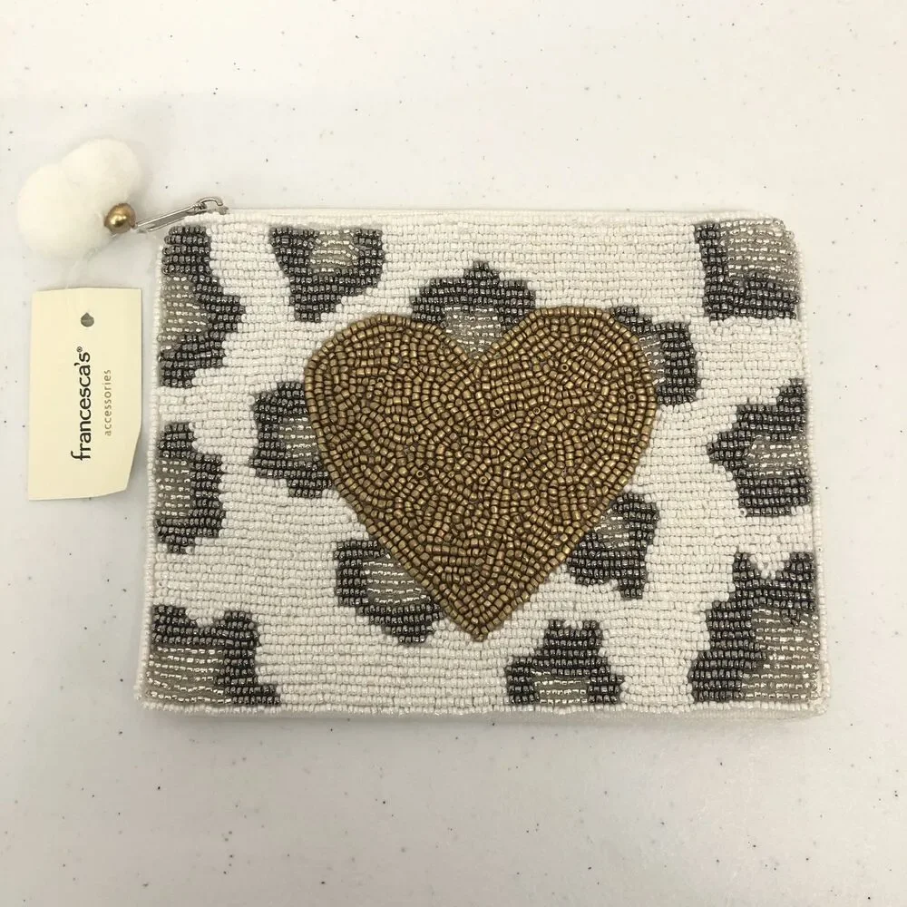 Francesca's Glass Beaded Pouch Clutch Bag Purse Gold Heart Leopard Cougar Spots
